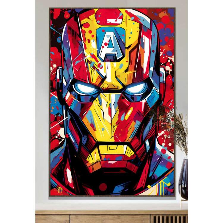 Quadro Decorativo Pop Art Inspirado em Homem de Ferro Repleto de Tinta Colorida