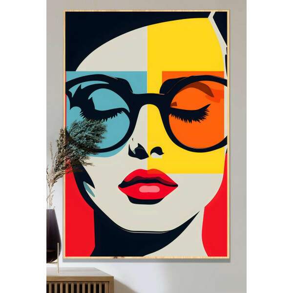 Quadro Decorativo Pop Art Mulher com culos e Formas Geomtricas em Tons de Azul, Laranja e Amarelo
