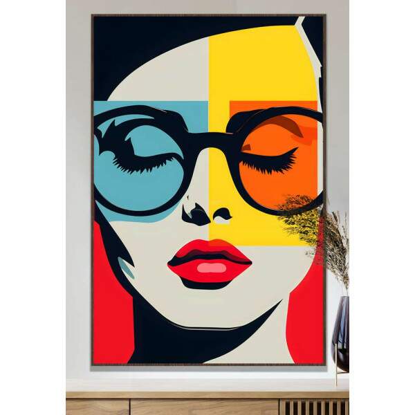 Quadro Decorativo Pop Art Mulher com culos e Formas Geomtricas em Tons de Azul, Laranja e Amarelo