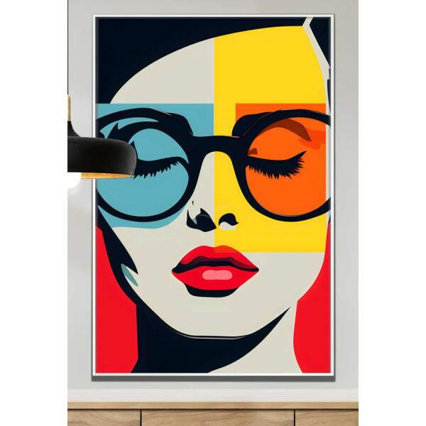 Quadro Decorativo Pop Art Mulher com culos e Formas Geomtricas em Tons de Azul, Laranja e Amarelo