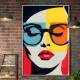 Quadro Decorativo Pop Art Mulher com �culos e Formas Geom�tricas em Tons de Azul, Laranja e Amarelo