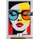 Quadro Decorativo Pop Art Mulher com �culos e Formas Geom�tricas em Tons de Azul, Laranja e Amarelo