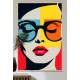 Quadro Decorativo Pop Art Mulher com �culos e Formas Geom�tricas em Tons de Azul, Laranja e Amarelo