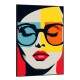 Quadro Decorativo Pop Art Mulher com �culos e Formas Geom�tricas em Tons de Azul, Laranja e Amarelo