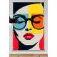 Quadro Decorativo Pop Art Mulher com �culos e Formas Geom�tricas em Tons de Azul, Laranja e Amarelo