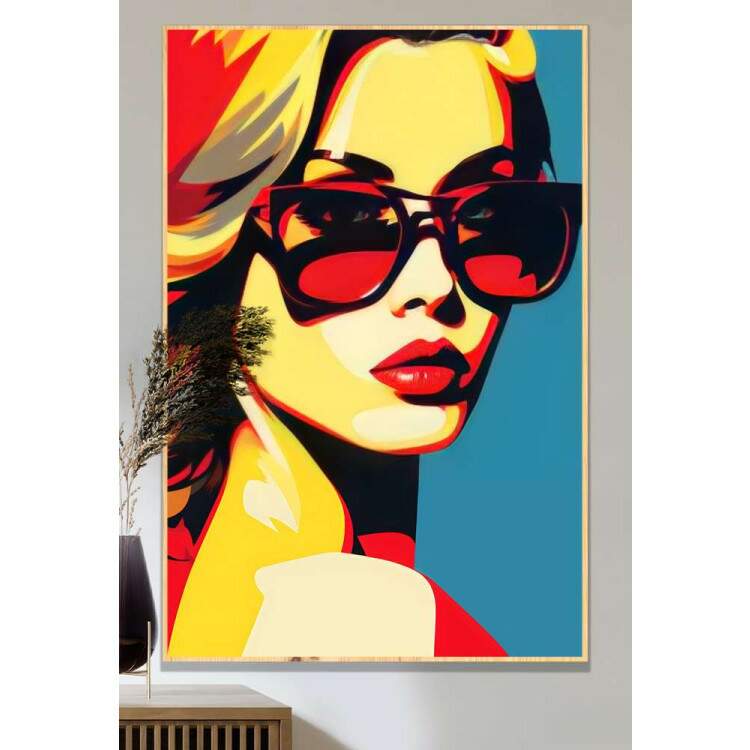 Quadro Decorativo Pop Art Mulher Esbelta em Tons de Vermelho e Amarelo