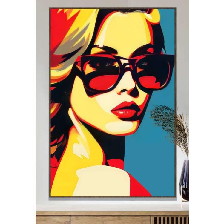 Quadro Decorativo Pop Art Mulher Esbelta em Tons de Vermelho e Amarelo