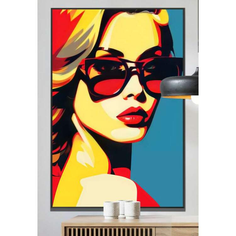 Quadro Decorativo Pop Art Mulher Esbelta em Tons de Vermelho e Amarelo