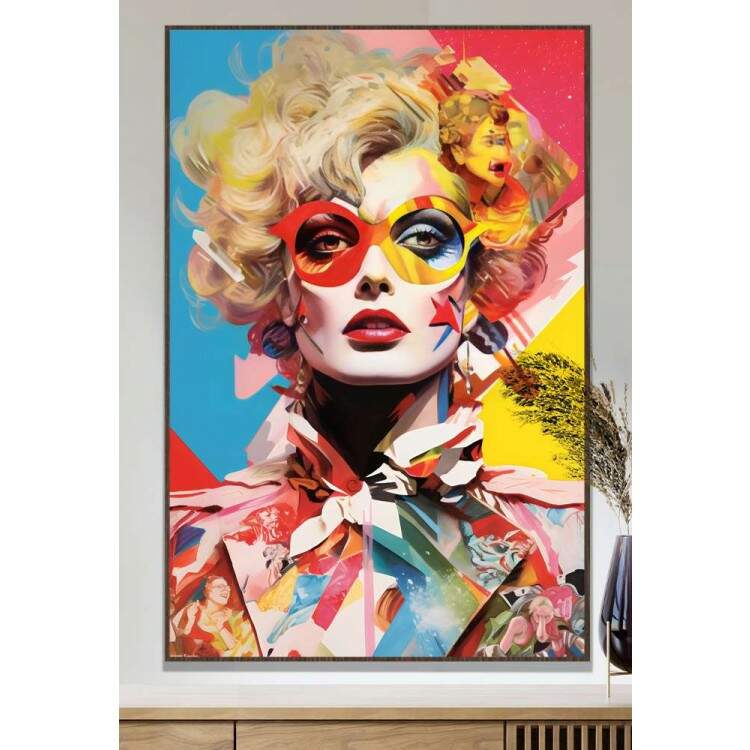 Quadro Decorativo Pop Art Mulher Loira com Baotm Vermelho Repleta de Cores