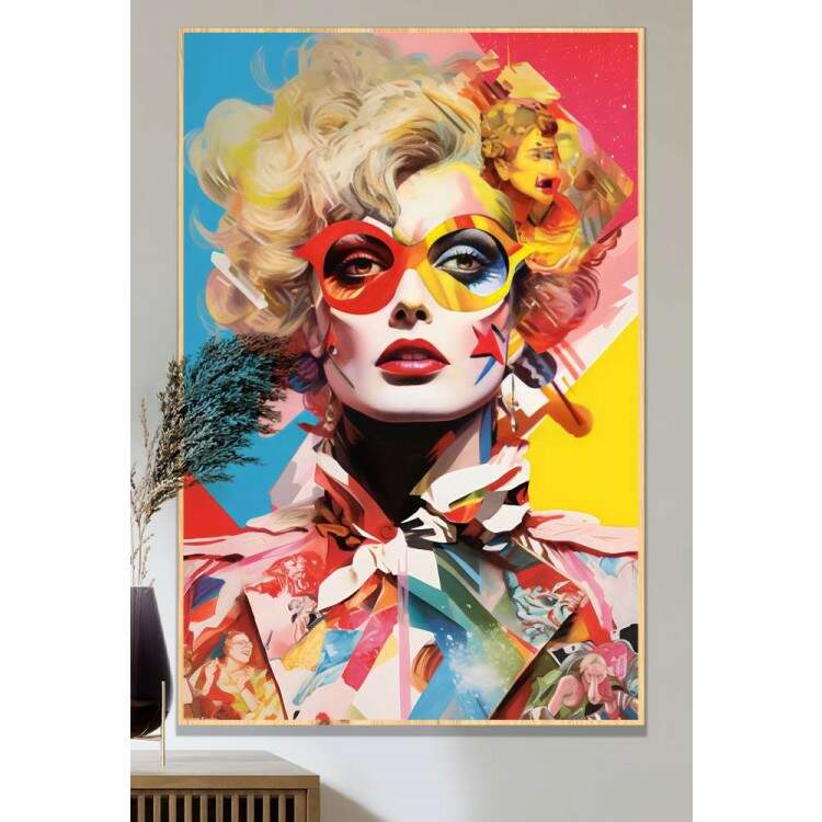 Quadro Decorativo Pop Art Mulher Loira com Baotm Vermelho Repleta de Cores