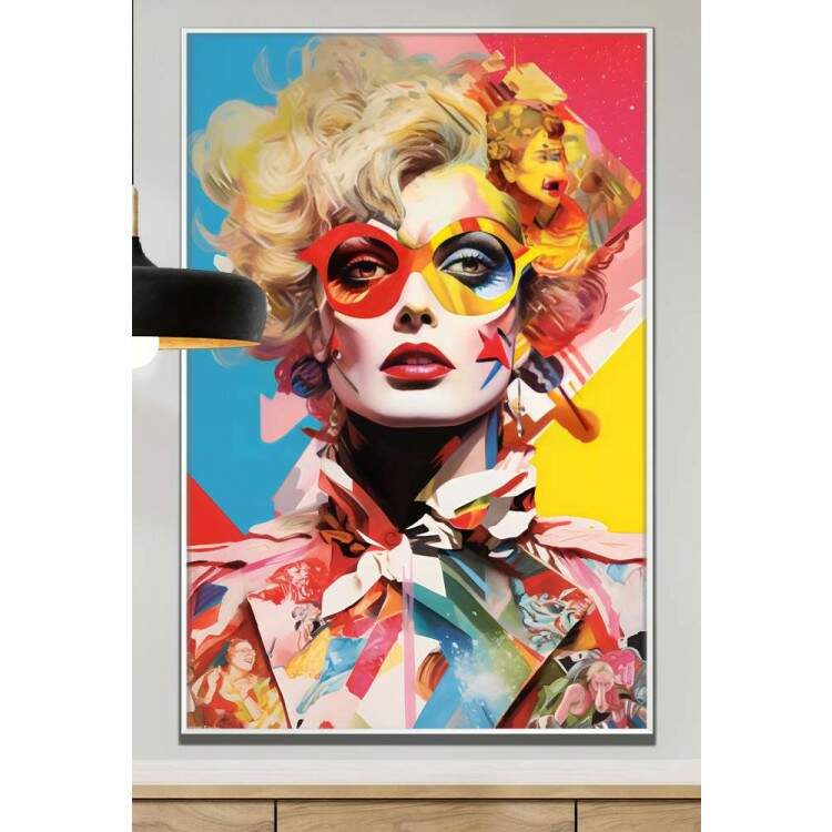 Quadro Decorativo Pop Art Mulher Loira com Baotm Vermelho Repleta de Cores