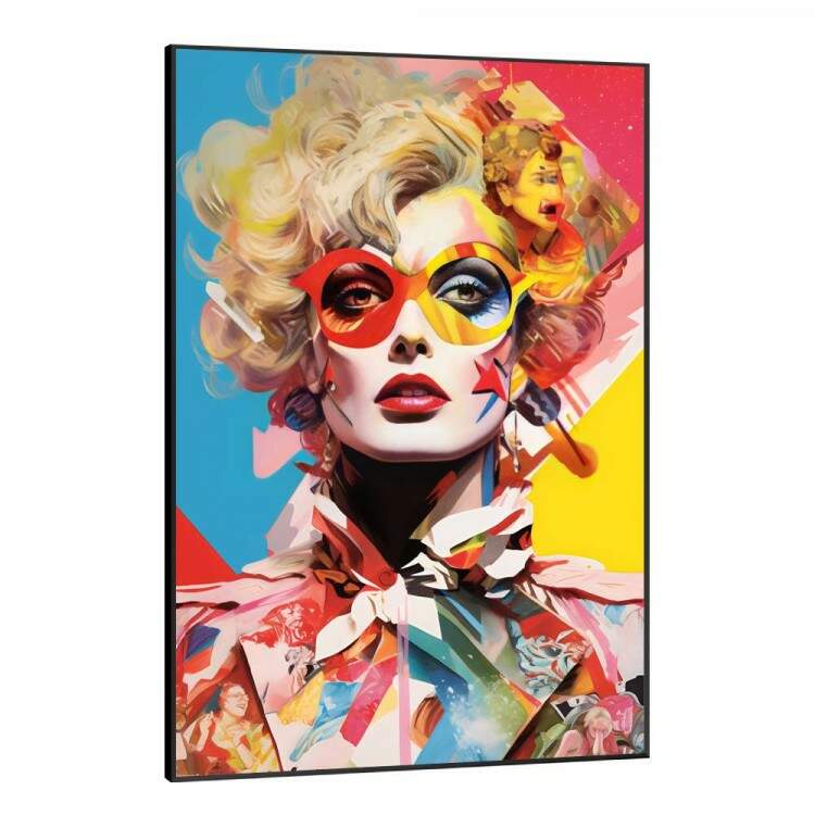 Quadro Decorativo Pop Art Mulher Loira com Baotm Vermelho Repleta de Cores