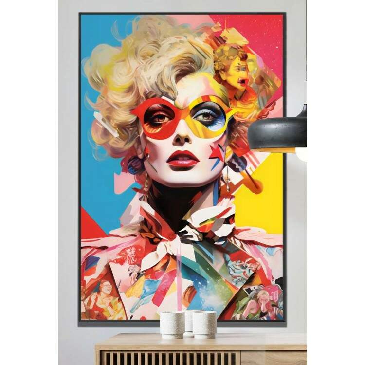 Quadro Decorativo Pop Art Mulher Loira com Baotm Vermelho Repleta de Cores