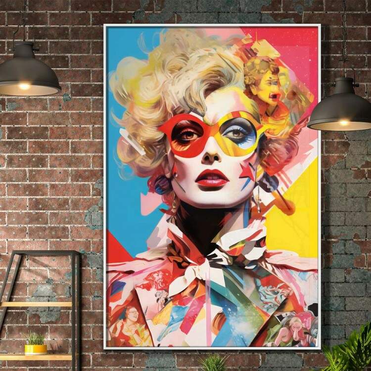 Quadro Decorativo Pop Art Mulher Loira com Baotm Vermelho Repleta de Cores