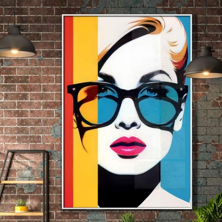 Quadro Decorativo Pop Art Mulher Loira com culos Escuro e Batom Rosa