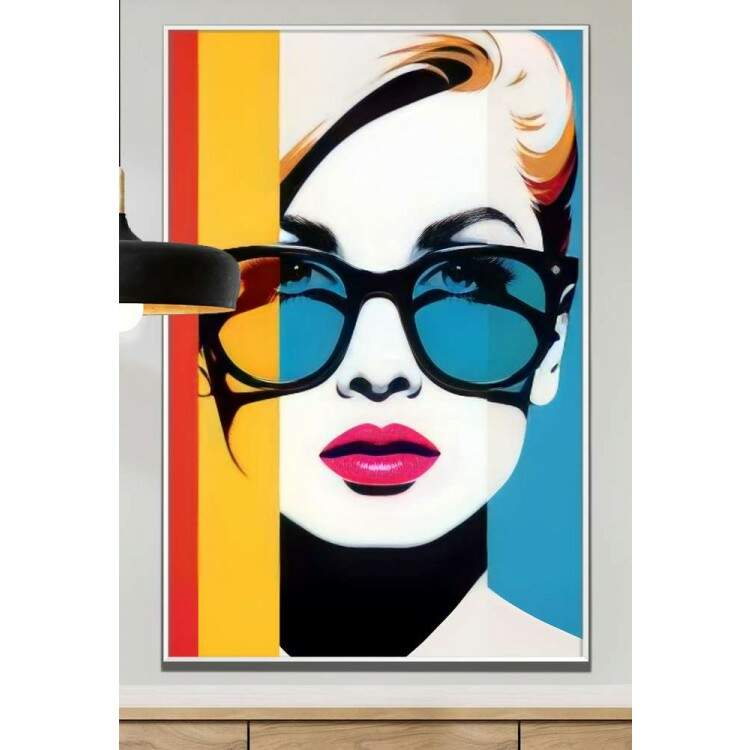 Quadro Decorativo Pop Art Mulher Loira com culos Escuro e Batom Rosa