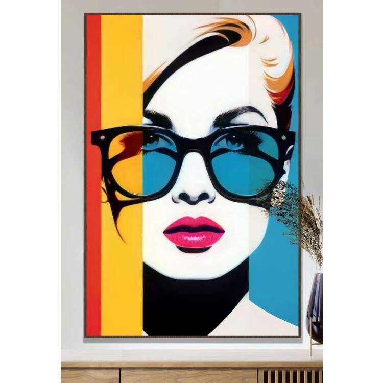 Quadro Decorativo Pop Art Mulher Loira com culos Escuro e Batom Rosa