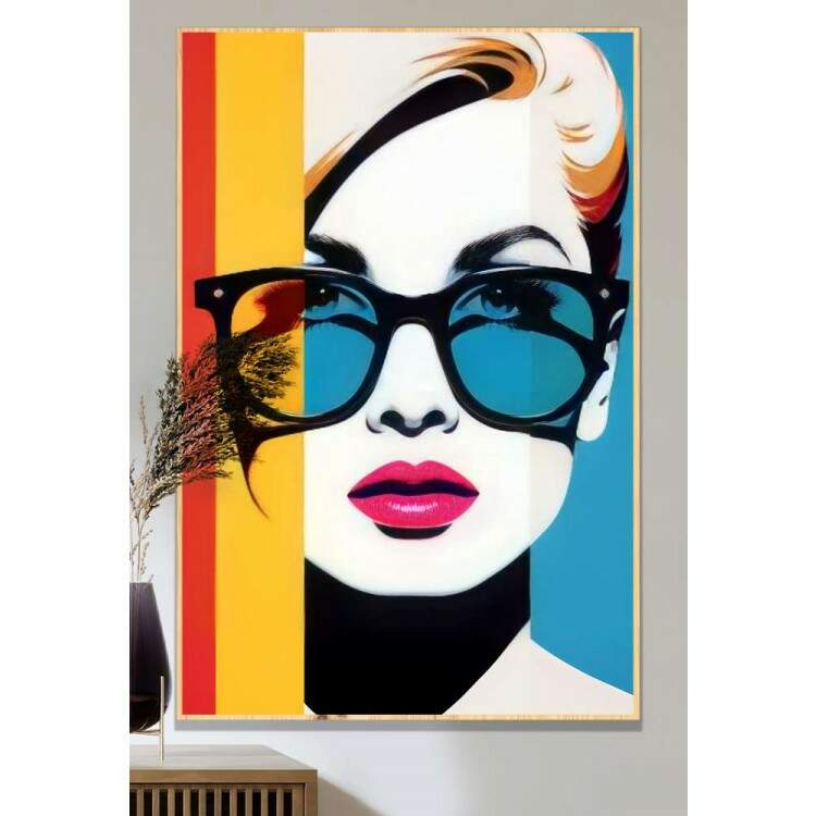 Quadro Decorativo Pop Art Mulher Loira com culos Escuro e Batom Rosa