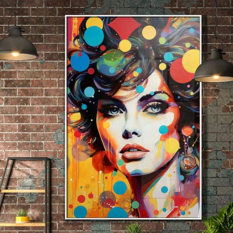 Quadro Decorativo Pop Art Mulher Repleta de Cores em Formato de Crculo