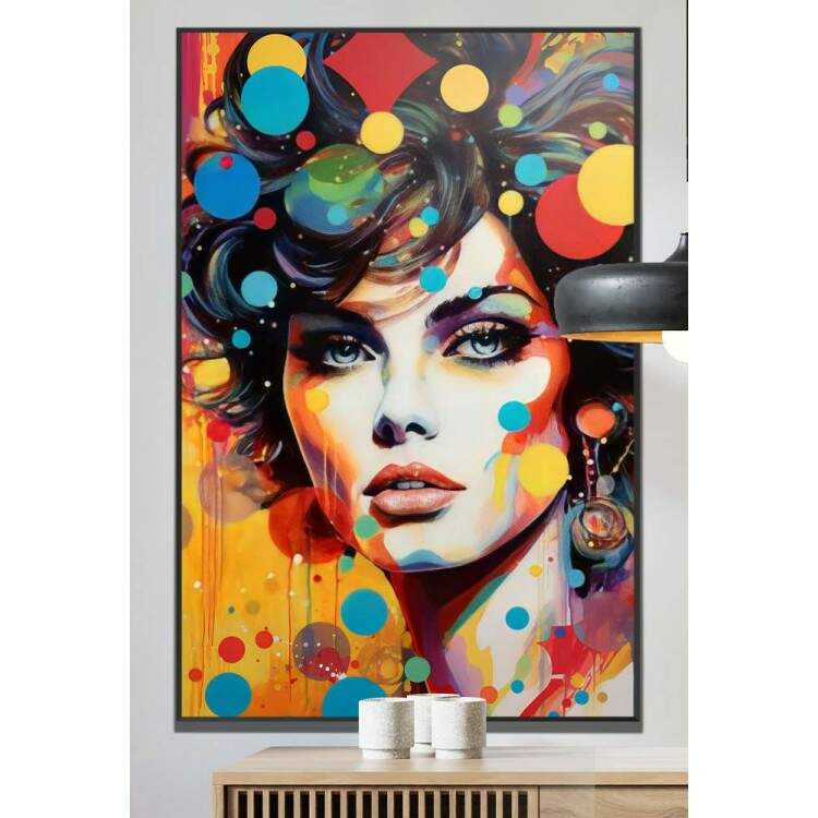 Quadro Decorativo Pop Art Mulher Repleta de Cores em Formato de Crculo