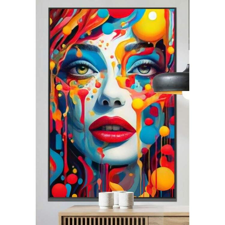 Quadro Decorativo Pop Art Rosto de Mulher Repleto de Tinta