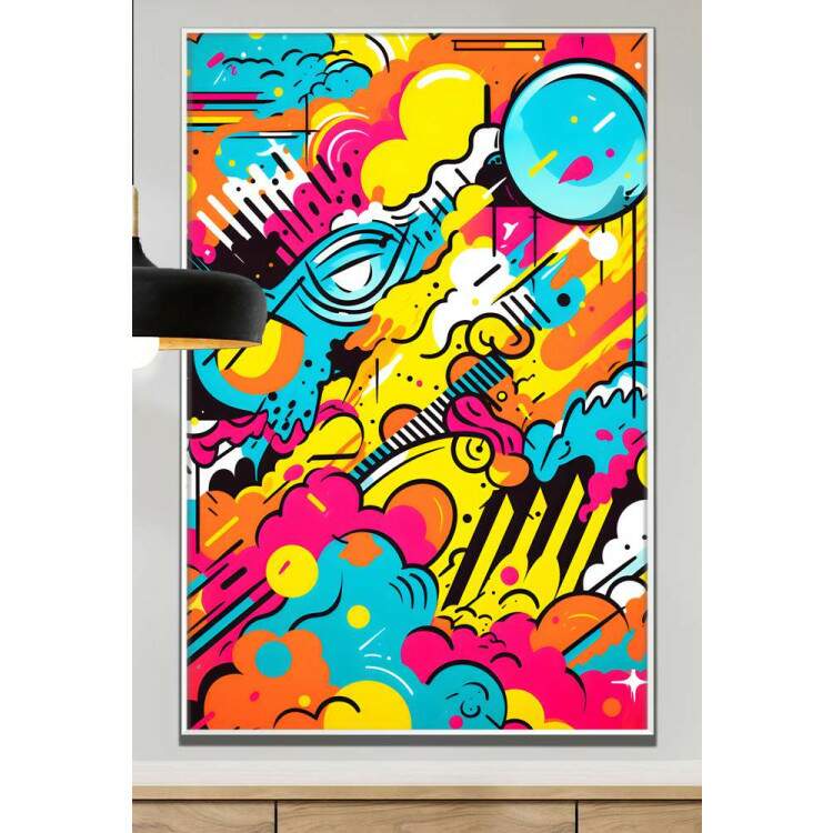 Quadro Decorativo Pop Art Tons de Amarelo, Rosa e Azul