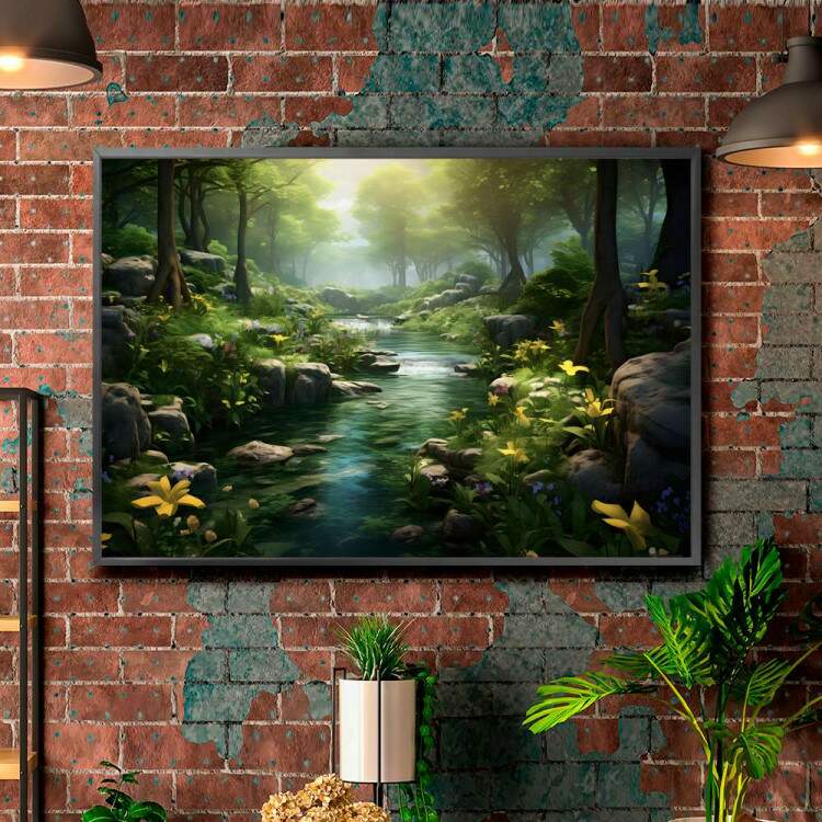 Quadro Decorativo Paisagem Esbelta Rio com Flores