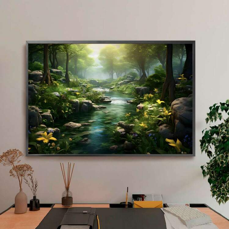 Quadro Decorativo Paisagem Esbelta Rio com Flores