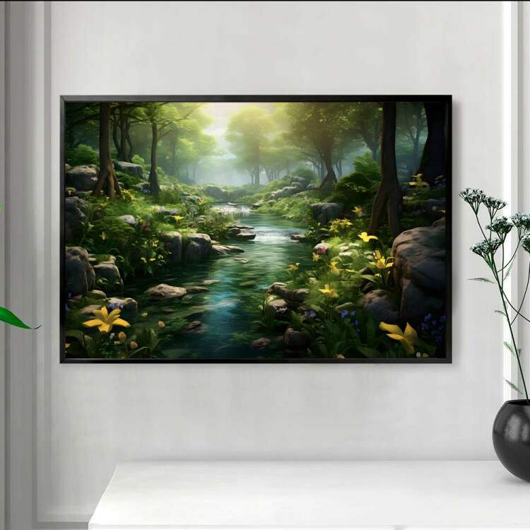 Quadro Decorativo Paisagem Esbelta Rio com Flores