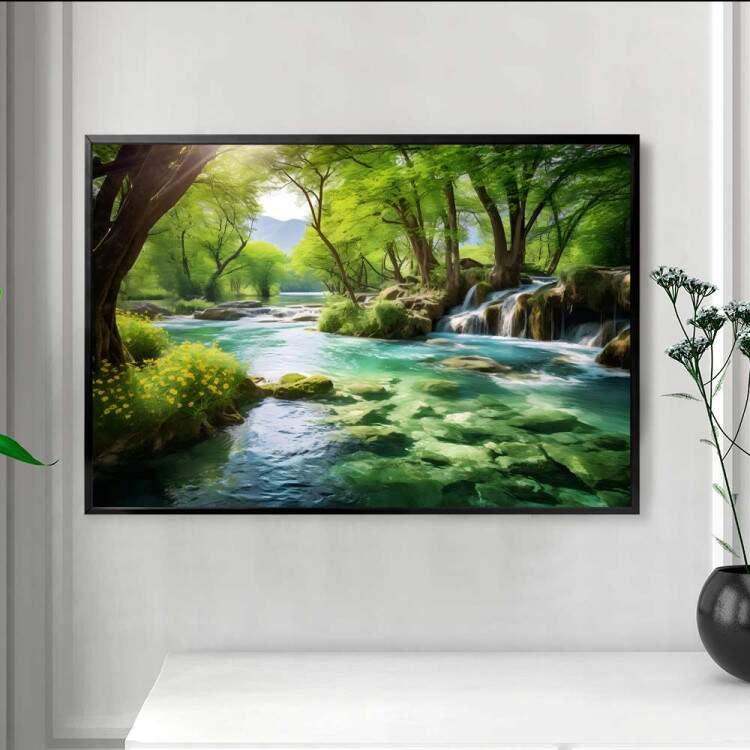 Quadro Decorativo Paisagem Floresta com Riacho Tons de Verde e Azul