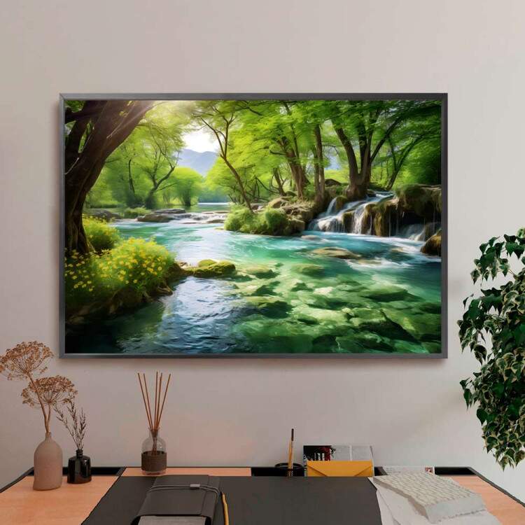 Quadro Decorativo Paisagem Floresta com Riacho Tons de Verde e Azul