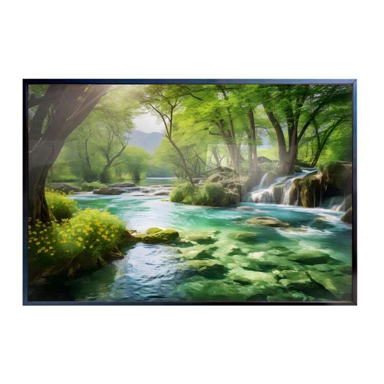 Quadro Decorativo Paisagem Floresta com Riacho Tons de Verde e Azul