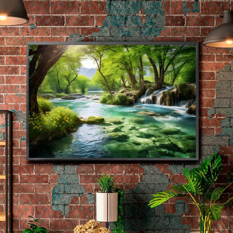 Quadro Decorativo Paisagem Floresta com Riacho Tons de Verde e Azul