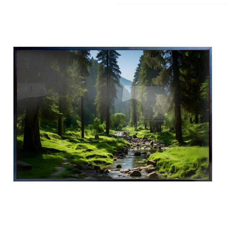 Quadro Decorativo Paisagem Riacho com Pedras no Meio de Floresta