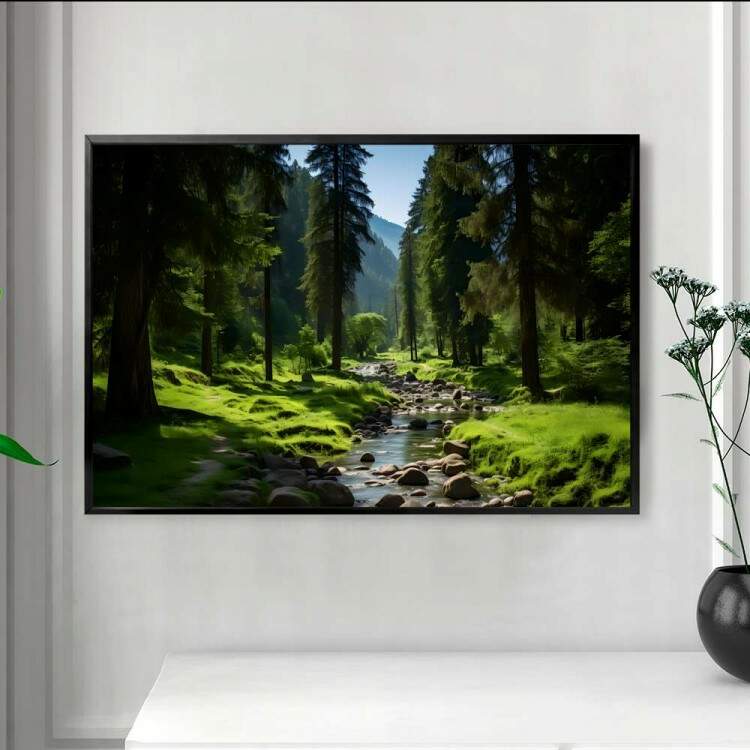 Quadro Decorativo Paisagem Riacho com Pedras no Meio de Floresta