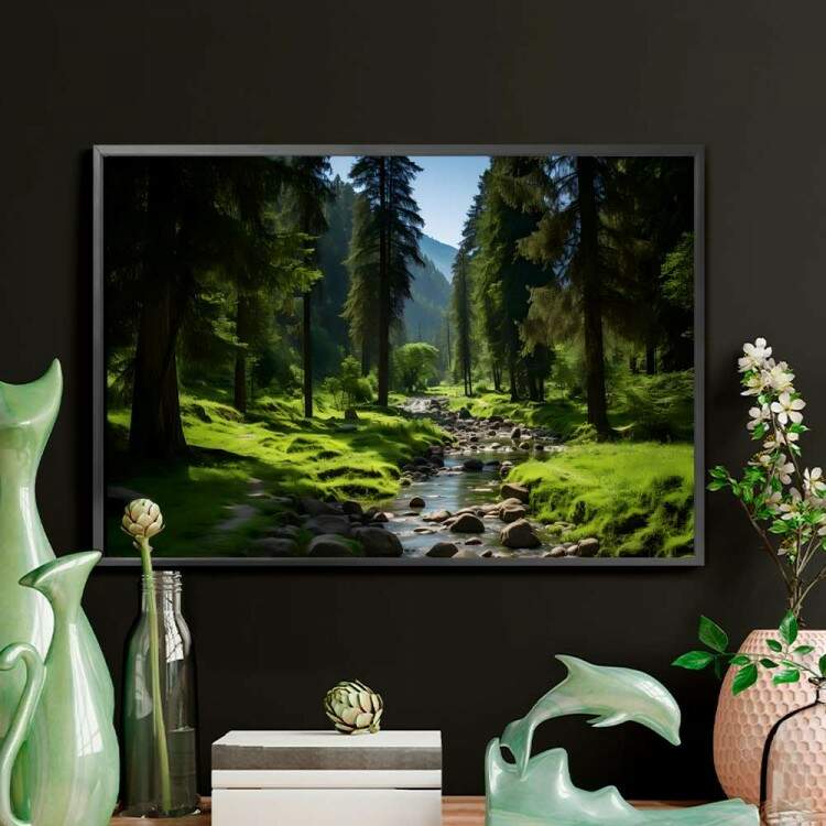 Quadro Decorativo Paisagem Riacho com Pedras no Meio de Floresta