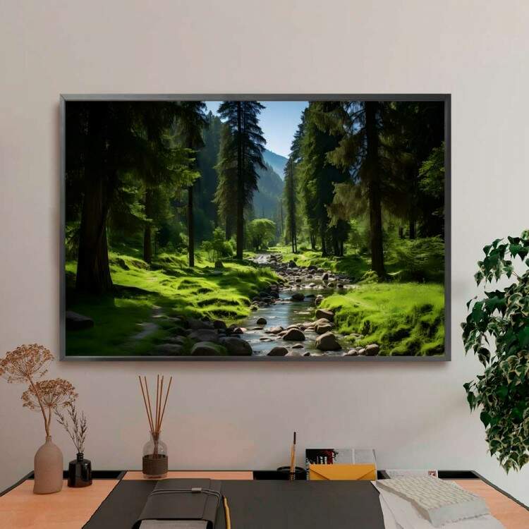 Quadro Decorativo Paisagem Riacho com Pedras no Meio de Floresta