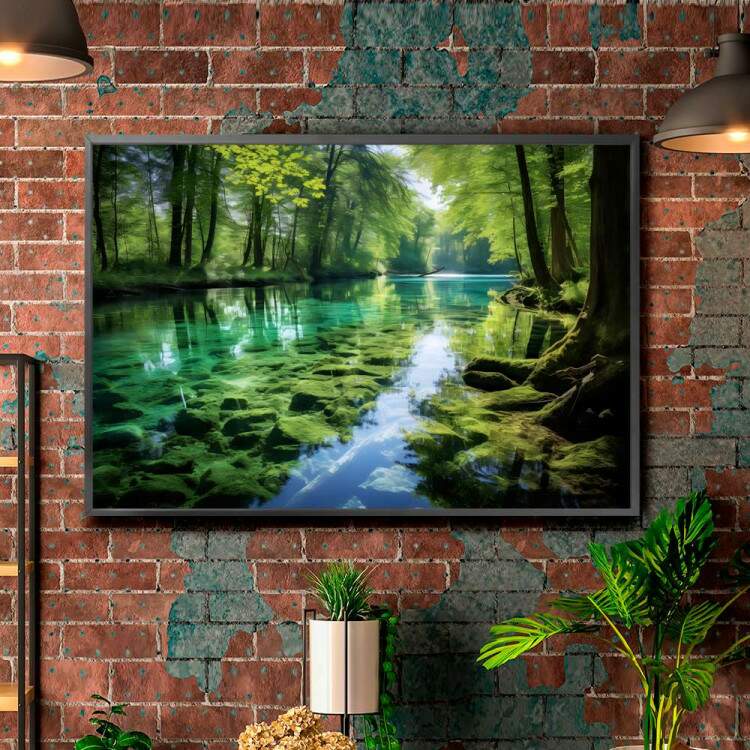 Quadro Decorativo Paisagem Rio em Meio a Floresta Repleta de Verde