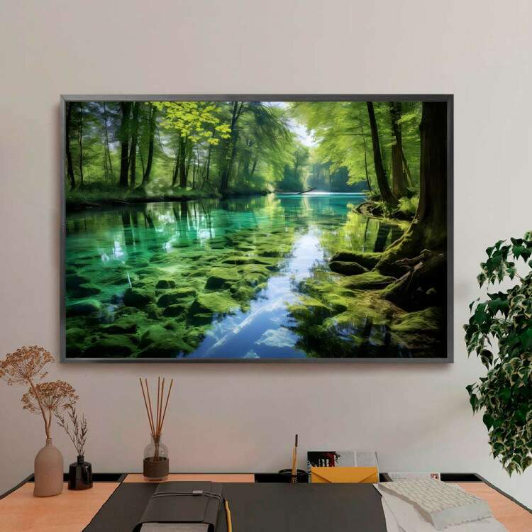 Quadro Decorativo Paisagem Rio em Meio a Floresta Repleta de Verde