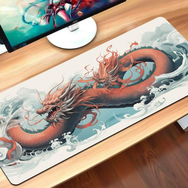 Mouse Pad Gigante 70x30cm Drago Laranja com Detalhes Fundo Branco