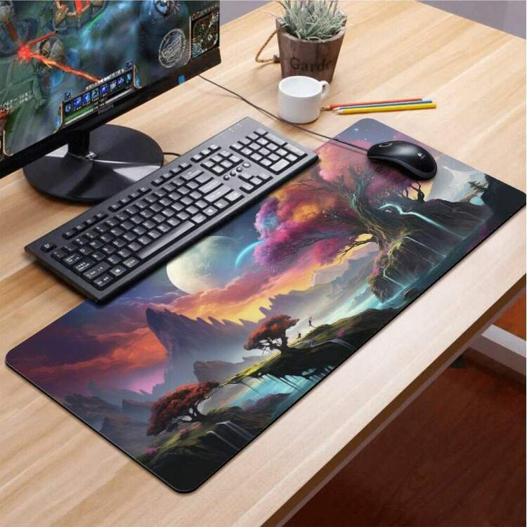 Mouse Pad Gigante 70x30cm Planetas e Planeta em Tons de Azul e Roxo