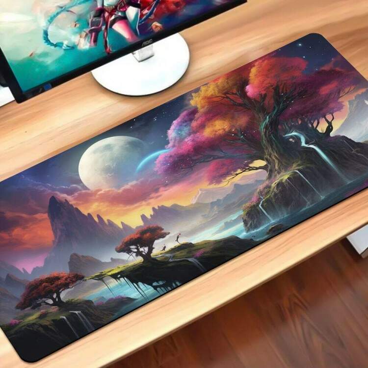 Mouse Pad Gigante 70x30cm Planetas e Planeta em Tons de Azul e Roxo