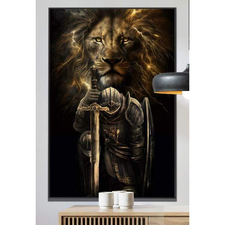 Quadro Decorativo Soldado com Armadura e Espada com Leo no Fundo