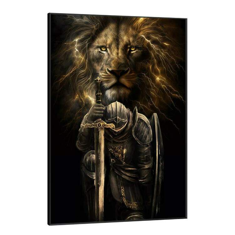 Quadro Decorativo Soldado com Armadura e Espada com Leo no Fundo