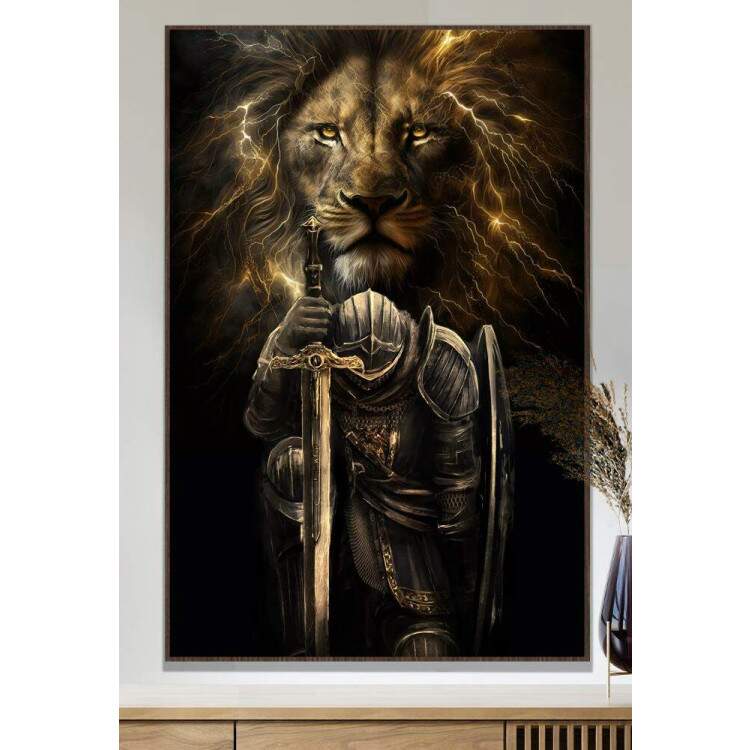 Quadro Decorativo Soldado com Armadura e Espada com Leo no Fundo