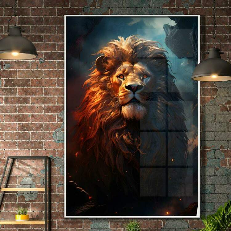 Quadro Decorativo Leo a Majestade da Selva com Reflexo de Fogo