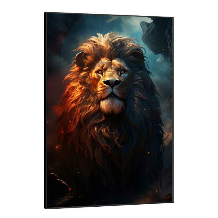 Quadro Decorativo Leo a Majestade da Selva com Reflexo de Fogo