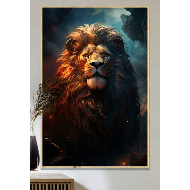 Quadro Decorativo Leo a Majestade da Selva com Reflexo de Fogo