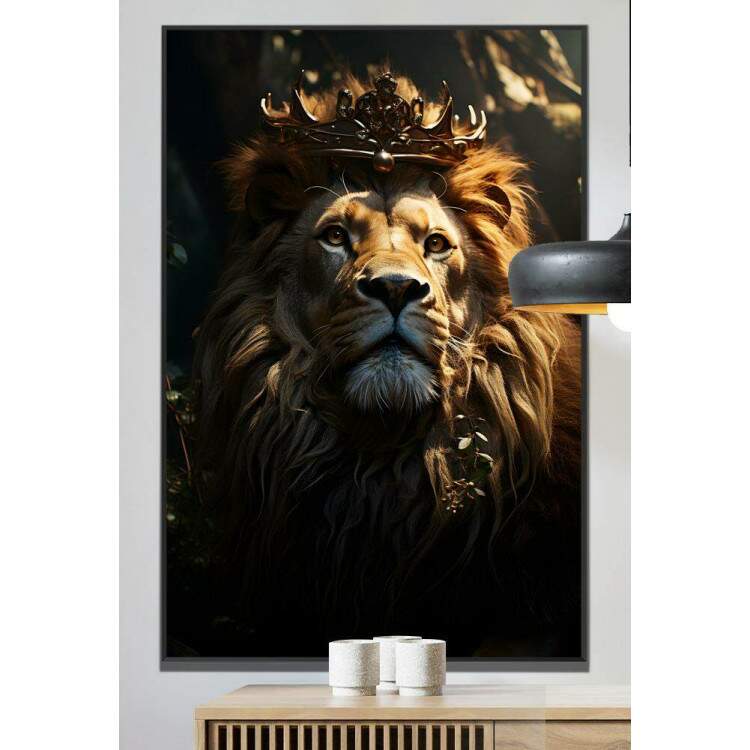 Quadro Decorativo Leo com Coroa Sendo Iluminado Por Luz