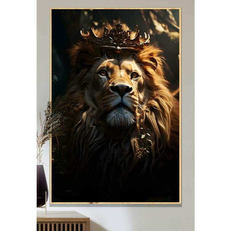 Quadro Decorativo Leo com Coroa Sendo Iluminado Por Luz